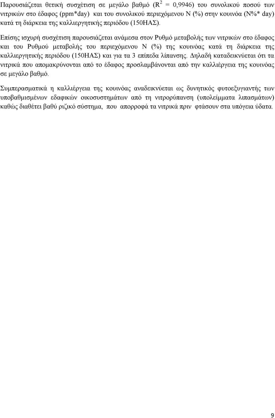 Επίσης ισχυρή συσχέτιση παρουσιάζεται ανάμεσα στον Ρυθμό μεταβολής των νιτρικών στο έδαφος και του Ρυθμού μεταβολής του περιεχόμενου Ν (%) της κουινόας κατά τη διάρκεια της καλλιεργητικής περιόδου