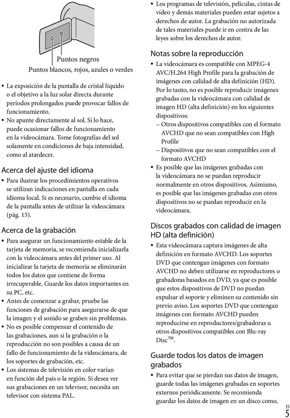 Puntos negros Puntos blancos, rojos, azules o verdes La exposición de la pantalla de cristal líquido o el objetivo a la luz solar directa durante períodos prolongados puede provocar fallos de