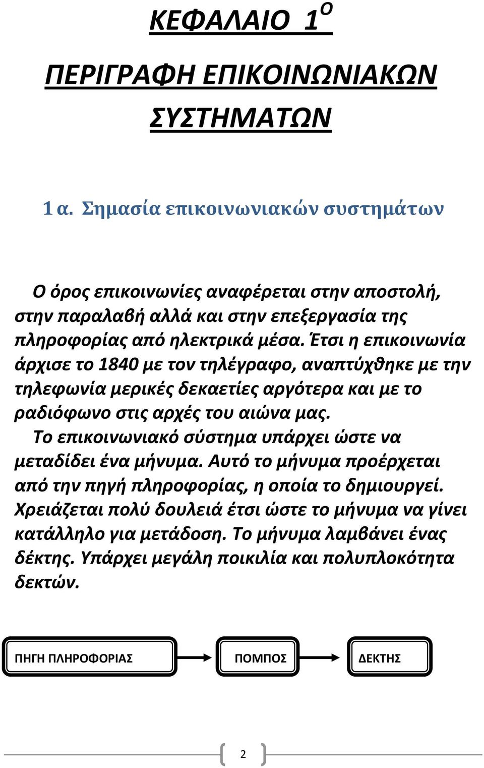 Έτσι η επικοινωνία άρχισε το 1840 με τον τηλέγραφο, αναπτύχθηκε με την τηλεφωνία μερικές δεκαετίες αργότερα και με το ραδιόφωνο στις αρχές του αιώνα μας.