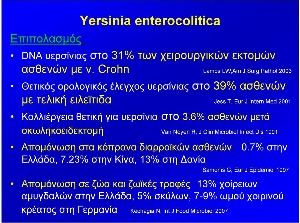 για υερσίνια στο 3.6% ασθενών μετά σκωληκοειδεκτομή Van Noyen R, J Clin Microbiol Infect Dis 1991 Απομόνωση στα κόπρανα διαρροϊκών ασθενών: 0.