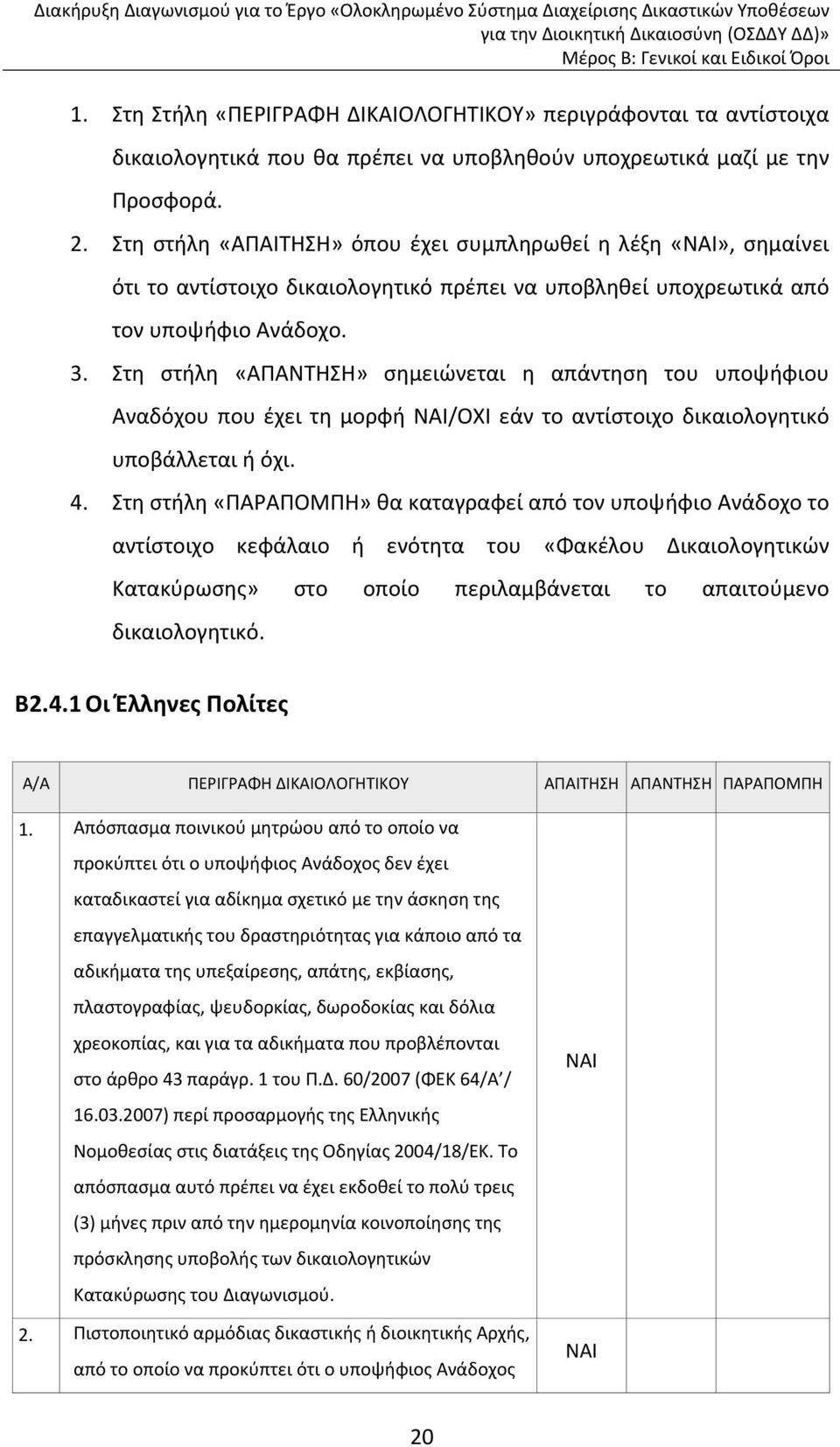 Στη στήλη «ΑΠΑΝΤΗΣΗ» σημειώνεται η απάντηση του υποψήφιου Αναδόχου που έχει τη μορφή /ΟΧΙ εάν το αντίστοιχο δικαιολογητικό υποβάλλεται ή όχι. 4.