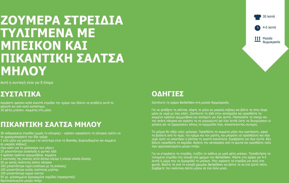 18 φέτες μπέικον, κομμένες στη μέση ΠΙΚΑΝΤΙΚΗ ΣΑΛΤΣΑ ΜΗΛΟΥ 36 καθαρισμένα στρείδια (χωρίς το κέλυφος) εφόσον αφαιρέσετε το κέλυφος πρέπει να τα χρησιμοποιήσετε την ίδια ημέρα 1 κιλό μήλα για