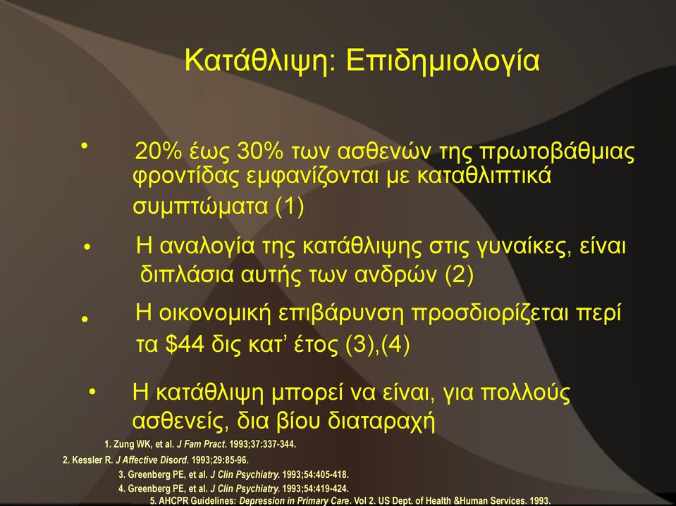 βίου διαταραχή 1. Zung WK, et al. J Fam Pract. 1993;37:337-344. 2. Kessler R. J Affective Disord. 1993;29:85-96. 3. Greenberg PE, et al. J Clin Psychiatry.