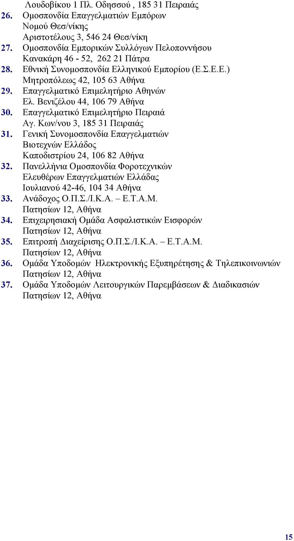Βενιζέλου 44, 106 79 Αθήνα 30. Επαγγελματικό Επιμελητήριο Πειραιά Αγ. Κων/νου 3, 185 31 Πειραιάς 31. Γενική Συνομοσπονδία Επαγγελματιών Βιοτεχνών Ελλάδος Καποδιστρίου 24, 106 82 Αθήνα 32.