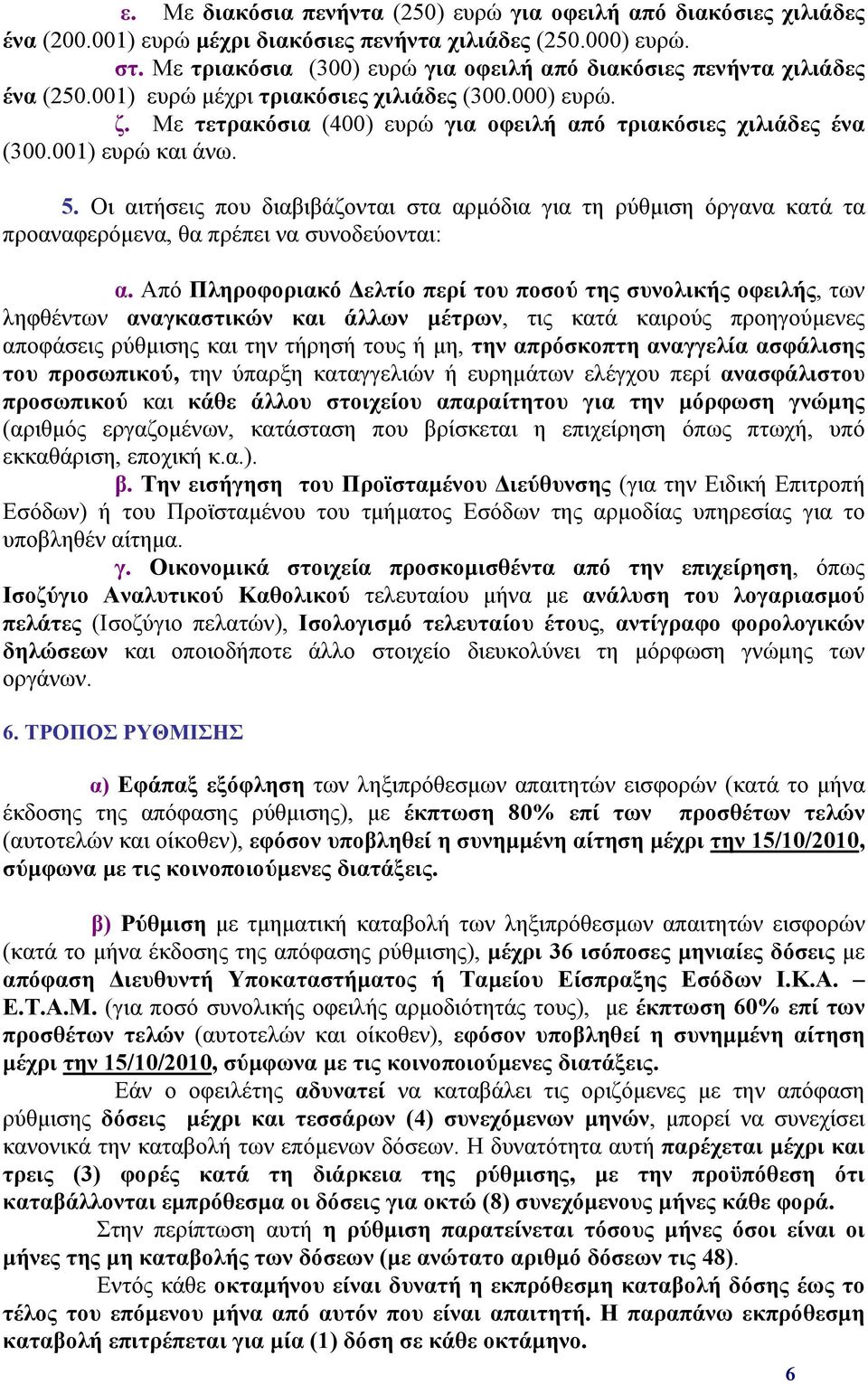 001) ευρώ και άνω. 5. Οι αιτήσεις που διαβιβάζονται στα αρμόδια για τη ρύθμιση όργανα κατά τα προαναφερόμενα, θα πρέπει να συνοδεύονται: α.