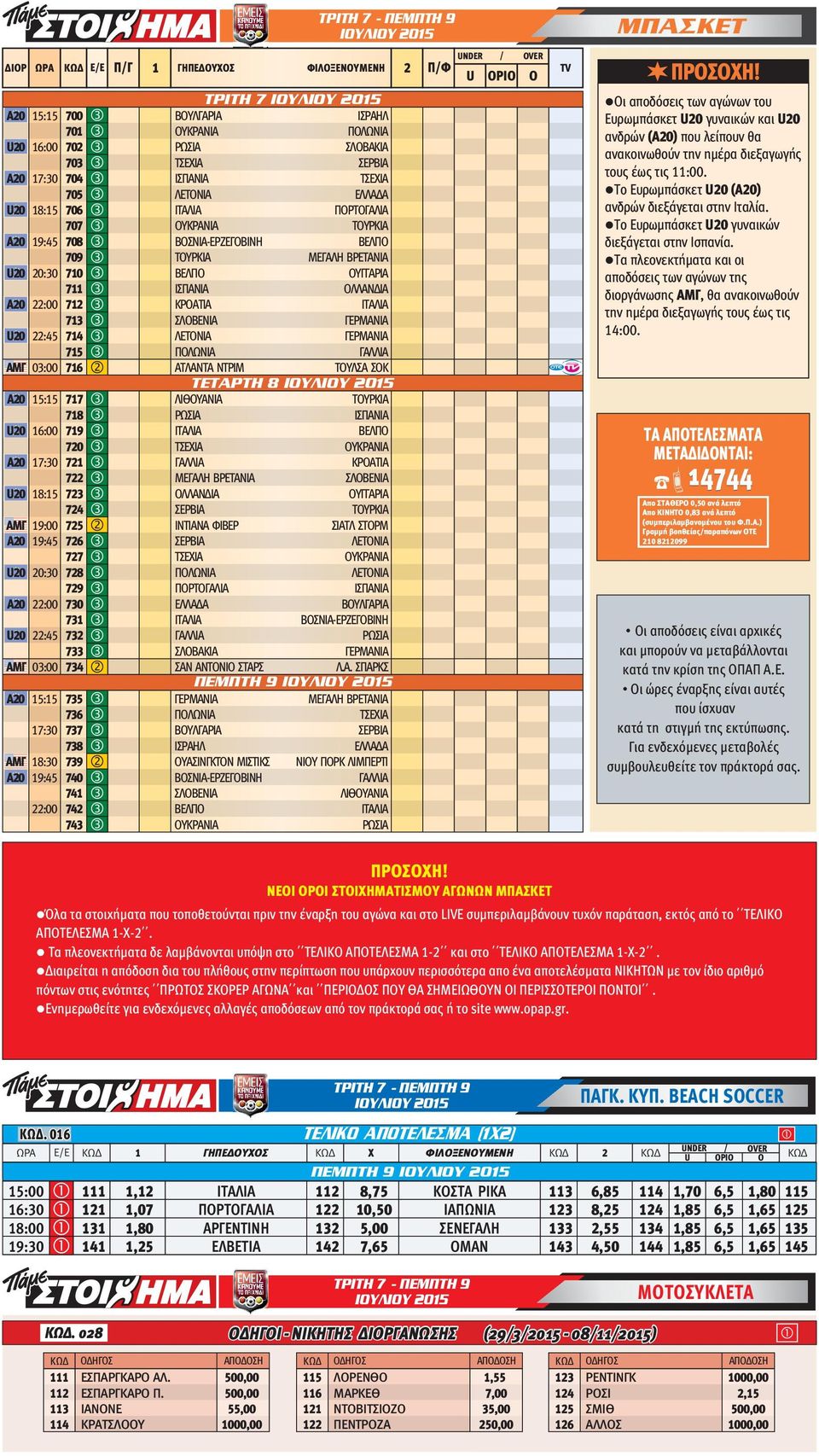 ΙΣΠΑΝΙΑ ΟΛΛΑΝΔΙΑ Α20 22:00 712 3 ΚΡΟΑΤΙΑ ΙΤΑΛΙΑ 713 3 ΣΛΟΒΕΝΙΑ ΓΕΡΜΑΝΙΑ U20 22:45 714 3 ΛΕΤΟΝΙΑ ΓΕΡΜΑΝΙΑ 715 3 ΠΟΛΩΝΙΑ ΓΑΛΛΙΑ ΑΜΓ 03:00 716 2 ΑΤΛΑΝΤΑ ΝΤΡΙΜ ΤΟΥΛΣΑ ΣΟΚ ΤΕΤΑΡΤΗ 8 Α20 15:15 717 3