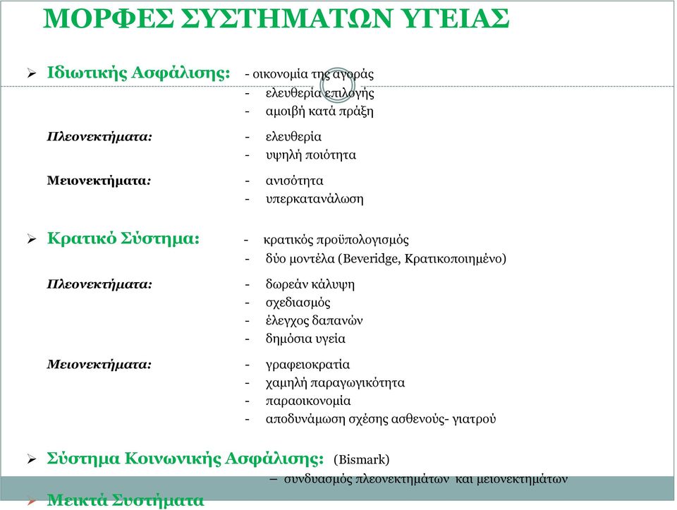 Κρατικοποιημένο) Πλεονεκτήματα: - δωρεάν κάλυψη - σχεδιασμός - έλεγχος δαπανών - δημόσια υγεία Μειονεκτήματα: - γραφειοκρατία - χαμηλή