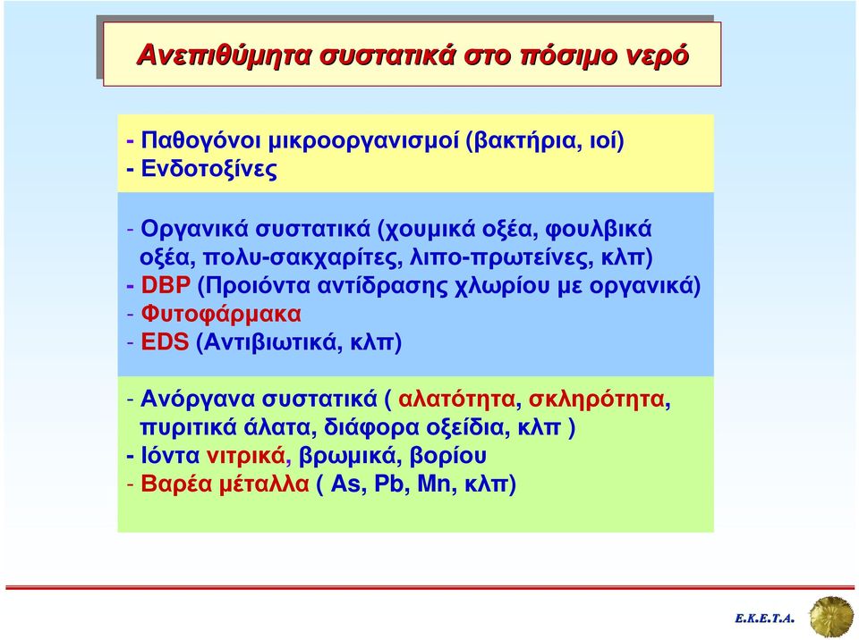 αντίδρασης χλωρίου µε οργανικά) - Φυτοφάρµακα - EDS (Αντιβιωτικά, κλπ) - Ανόργανα συστατικά ( αλατότητα,