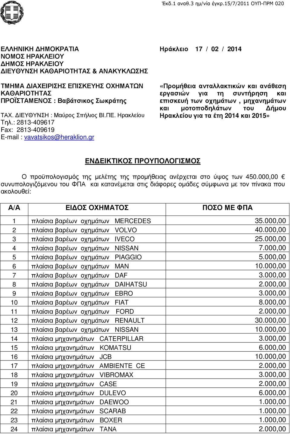 gr Ηράκλειο 17 / 02 / 2014 «Προµήθεια ανταλλακτικών και ανάθεση εργασιών για τη συντήρηση και επισκευή των οχηµάτων, µηχανηµάτων και µοτοποδηλάτων του ήµου Ηρακλείου για τα έτη 2014 και 2015» ΕΝ