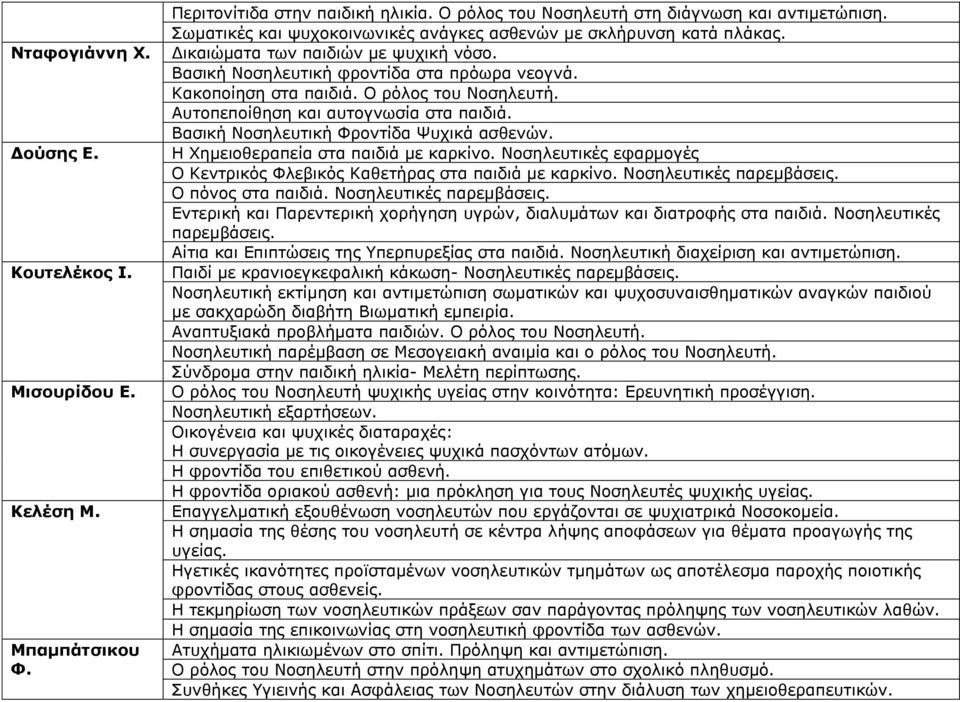 Ο ρόλος του Νοσηλευτή. Αυτοπεποίθηση και αυτογνωσία στα παιδιά. Βασική Νοσηλευτική Φροντίδα Ψυχικά ασθενών. Η Χημειοθεραπεία στα παιδιά με καρκίνο.