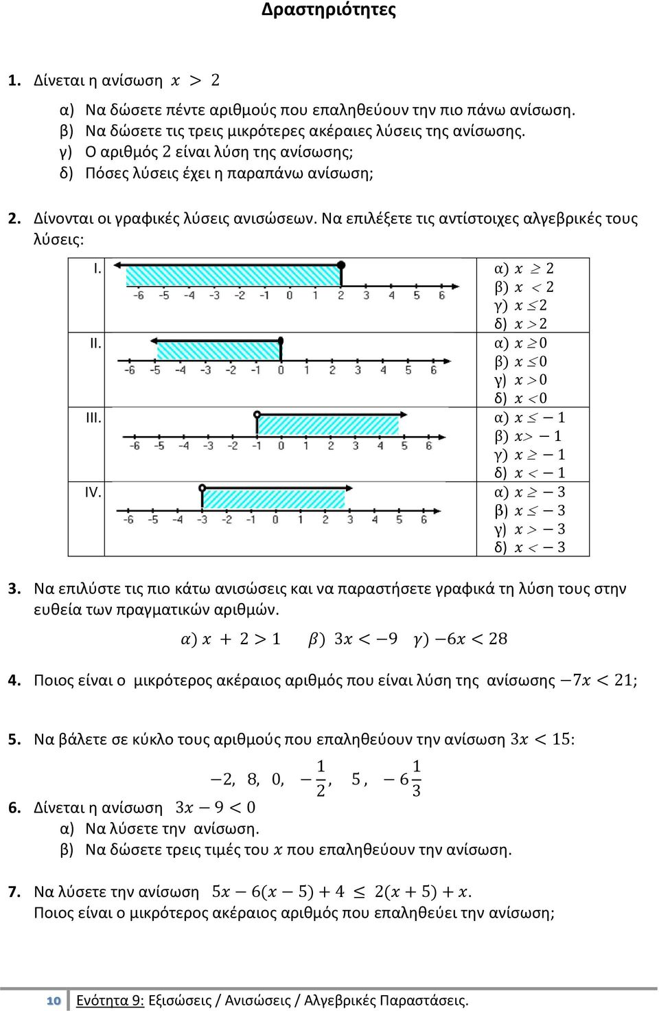 α) γ) δ) III. α) γ) δ) IV. α) γ) δ) 3. Να επιλύστε τις πιο κάτω ανισώσεις και να παραστήσετε γραφικά τη λύση τους στην ευθεία των πραγματικών αριθμών. ) ) ) 4.