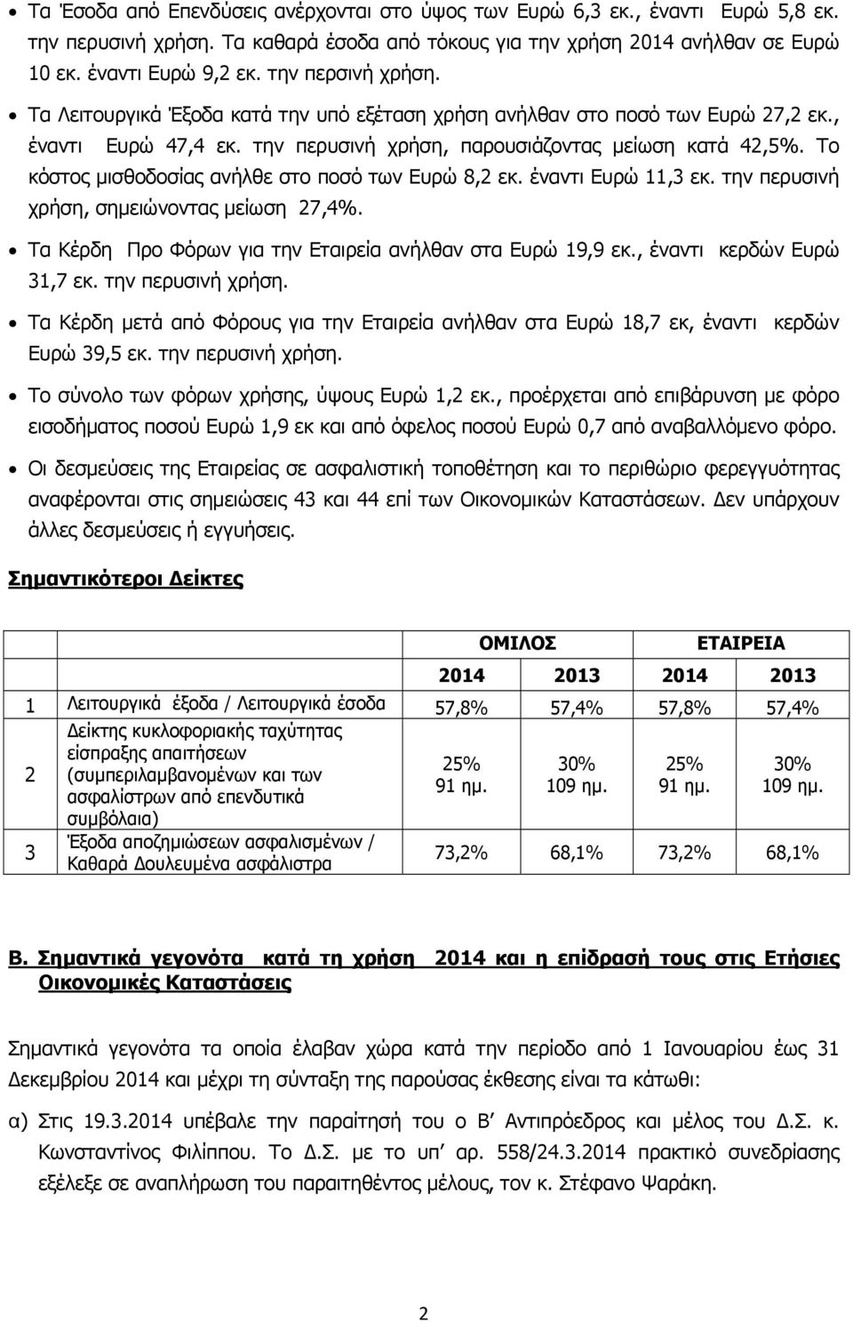 Το κόστος μισθοδοσίας ανήλθε στο ποσό των Ευρώ 8,2 εκ. έναντι Ευρώ 11,3 εκ. την περυσινή χρήση, σημειώνοντας μείωση 27,4%. Τα Κέρδη Προ Φόρων για την Εταιρεία ανήλθαν στα Ευρώ 19,9 εκ.