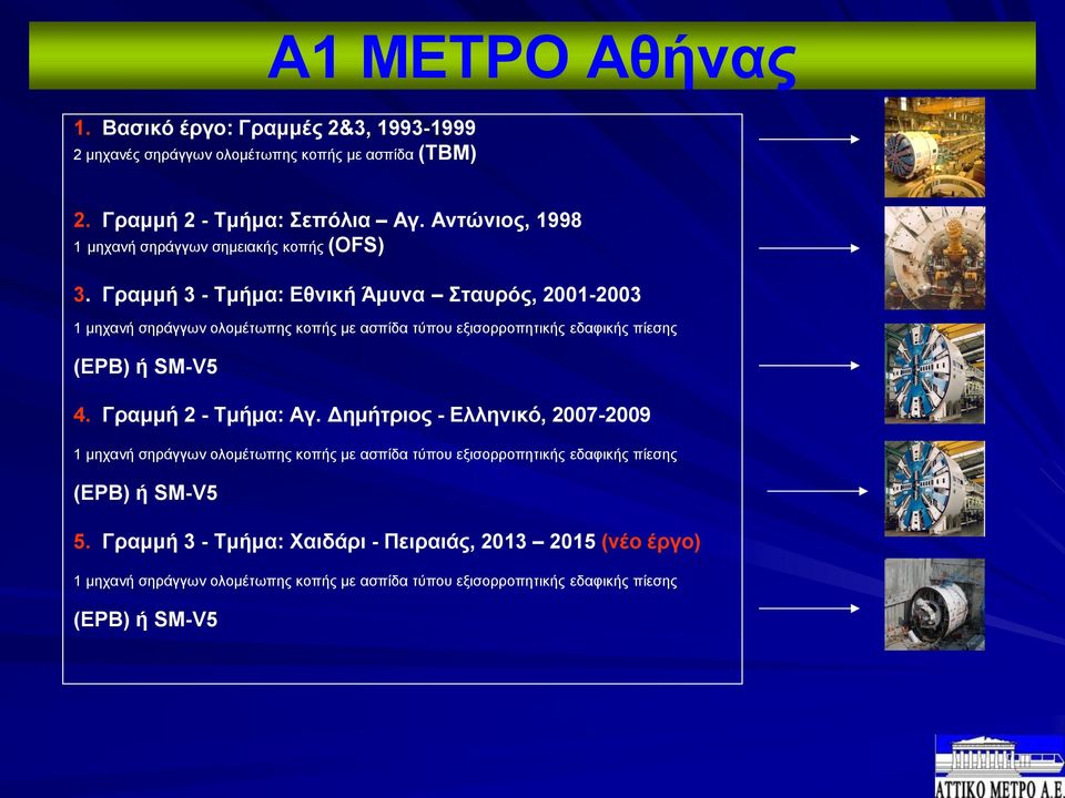 Γραμμή 3 - Τμήμα: Εθνική Άμυνα Σταυρός, 2001-2003 1 μηχανή σηράγγων ολομέτωπης κοπής με ασπίδα τύπου εξισορροπητικής εδαφικής πίεσης (ΕΡΒ) ή SM-V5 4.