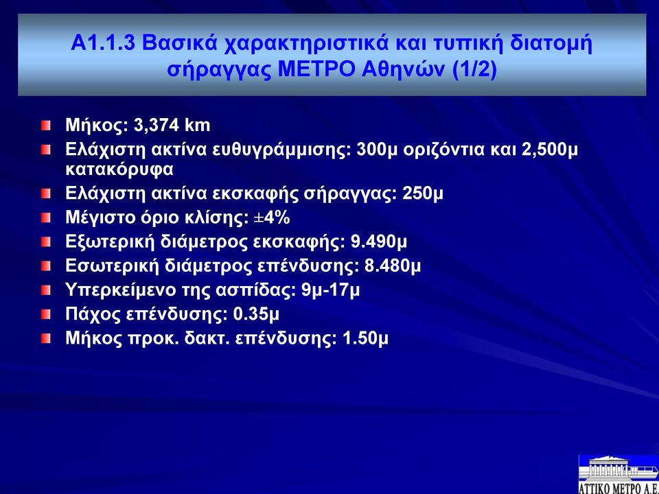 σήραγγας: 250μ Μέγιστο όριο κλίσης: ±4% Εξωτερική διάμετρος εκσκαφής: 9.