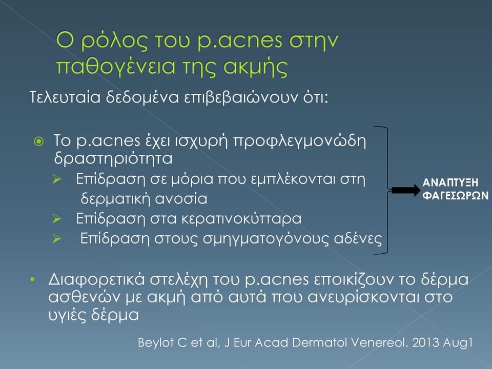 ανοσία Επίδραση στα κερατινοκύτταρα Επίδραση στους σμηγματογόνους αδένες ΑΝΑΠΤΥΞΗ ΦΑΓΕΣΩΡΩΝ