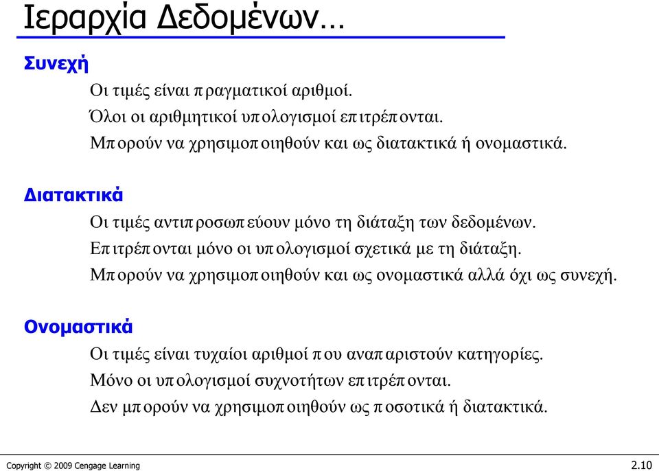 Επιτρέπονται μόνο οι υπολογισμοί σχετικά με τη διάταξη. Μπορούν να χρησιμοποιηθούν και ως ονομαστικά αλλά όχι ως συνεχή.