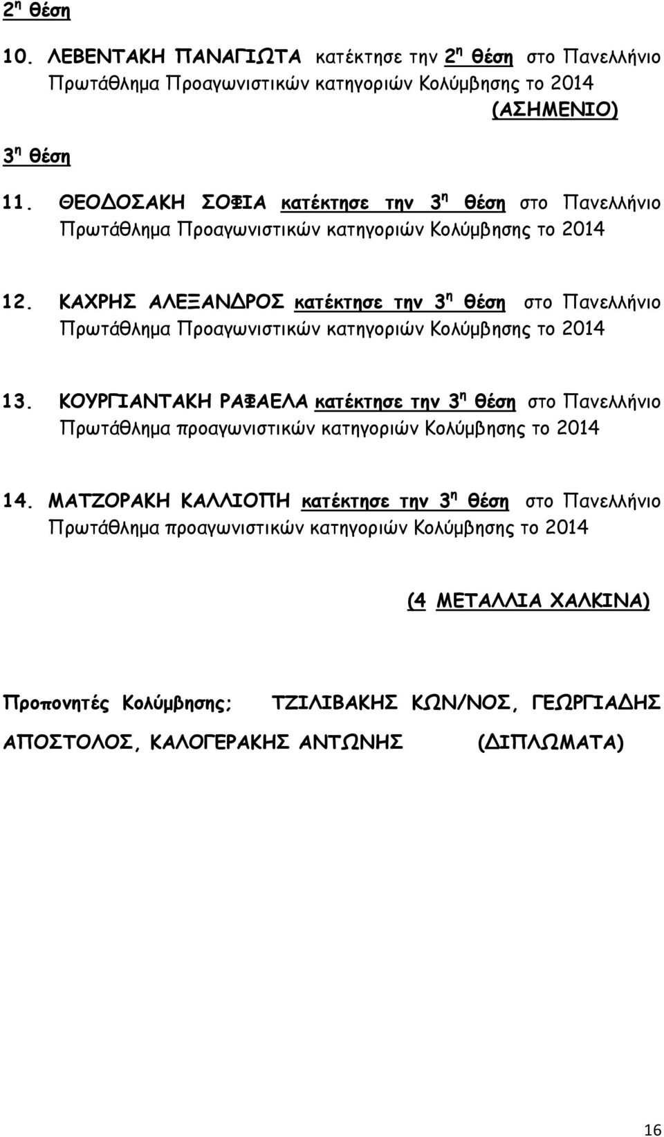 ΚΑΧΡΗΣ ΑΛΕΞΑΝΔΡΟΣ κατέκτησε την 3 η θέση στο Πανελλήνιο Πρωτάθλημα Προαγωνιστικών κατηγοριών Κολύμβησης το 2014 13.