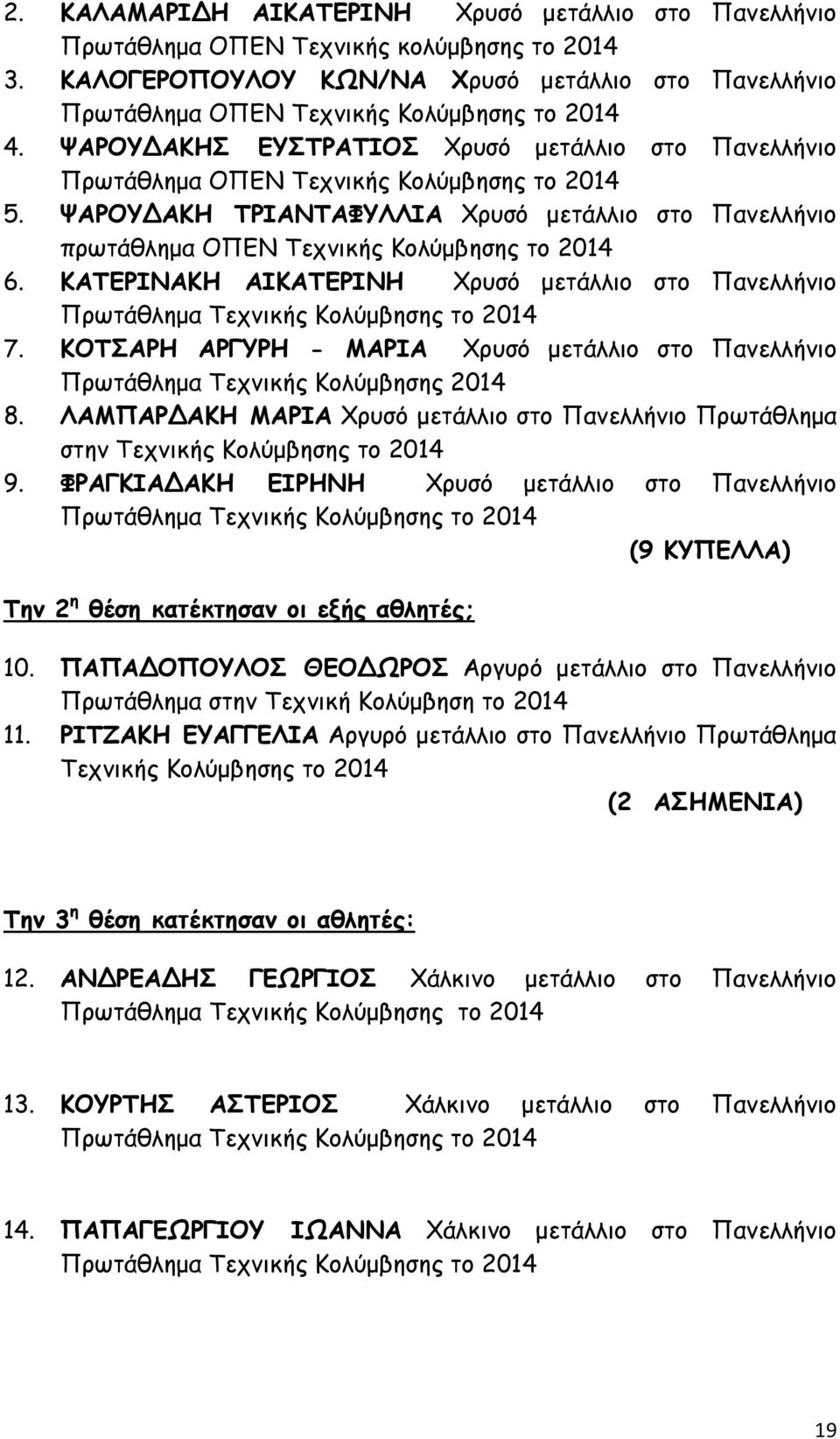 ΚΑΤΕΡΙΝΑΚΗ ΑΙΚΑΤΕΡΙΝΗ Χρυσό μετάλλιο στο Πανελλήνιο Πρωτάθλημα Τεχνικής Κολύμβησης το 2014 7. ΚΟΤΣΑΡΗ ΑΡΓΥΡΗ - ΜΑΡΙΑ Χρυσό μετάλλιο στο Πανελλήνιο Πρωτάθλημα Τεχνικής Κολύμβησης 2014 8.