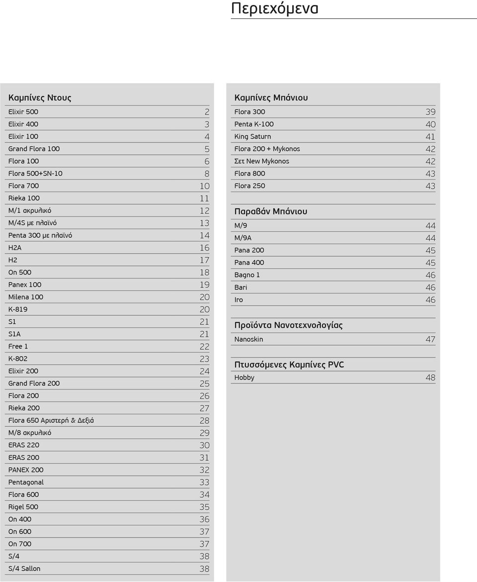 ERAS 220 30 ERAS 200 31 PANEX 200 32 Pentagonal 33 Flora 600 34 Rigel 500 35 On 400 36 On 600 37 On 700 37 S/4 38 S/4 Sallon 38 Καμπίνες Μπάνιου Flora 300 39 Penta K-100 40 King Saturn 41 Flora 200 +