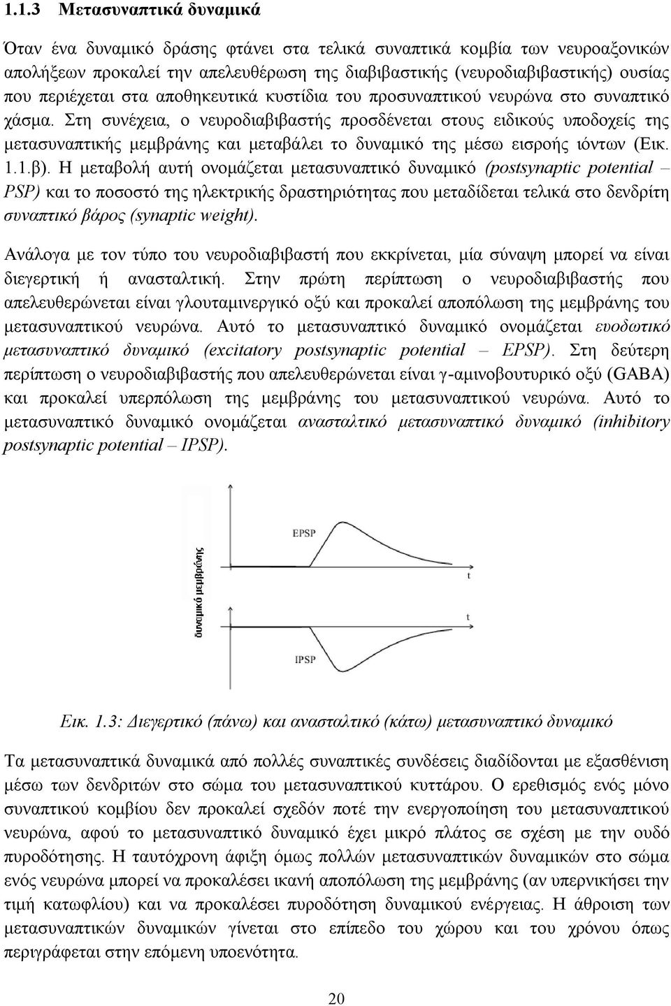 Στη συνέχεια, ο νευροδιαβιβαστής προσδένεται στους ειδικούς υποδοχείς της μετασυναπτικής μεμβράνης και μεταβάλει το δυναμικό της μέσω εισροής ιόντων (Εικ. 1.1.β).