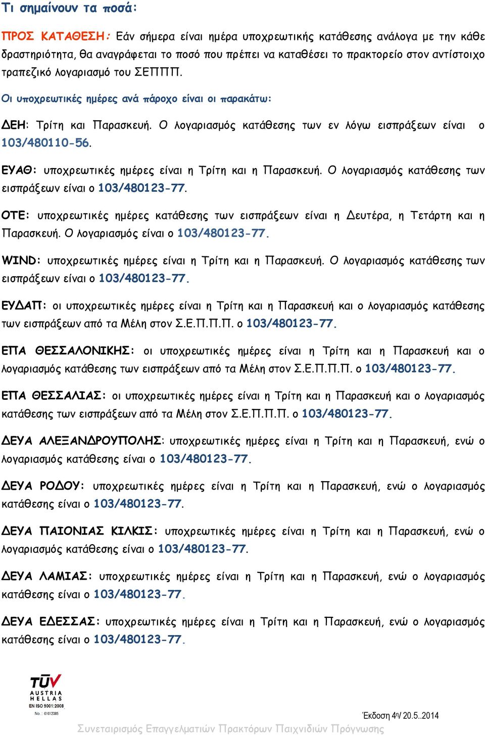 ο ΕΥΑΘ: υποχρεωτικές ημέρες είναι η Τρίτη και η Παρασκευή. Ο λογαριασμός κατάθεσης των εισπράξεων είναι ο 103/480123-77.