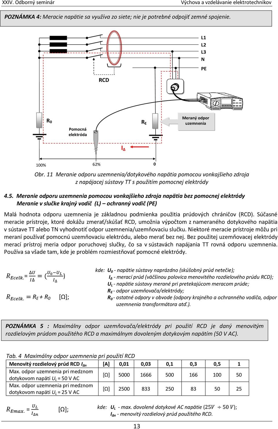 Meranie odporu uzemnenia pomocou vonkajšieho zdroja napätia bez pomocnej elektródy Meranie v slučke krajný vodič (L) ochranný vodič (PE) Malá hodnota odporu uzemnenia je základnou podmienka použitia