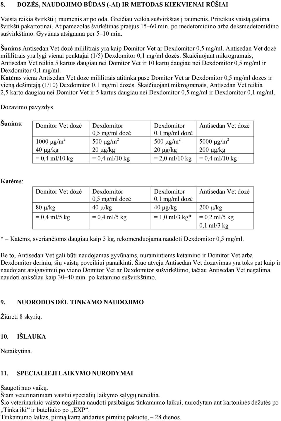 Šunims Antisedan Vet dozė mililitrais yra kaip Domitor Vet ar Dexdomitor 0,5 mg/ml. Antisedan Vet dozė mililitrais yra lygi vienai penktajai (1/5) Dexdomitor 0,1 mg/ml dozės.