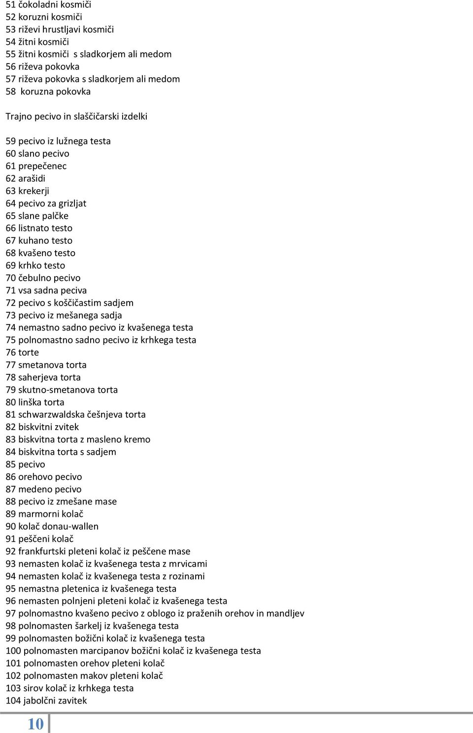 68 kvašeno testo 69 krhko testo 70 čebulno pecivo 71 vsa sadna peciva 72 pecivo s koščičastim sadjem 73 pecivo iz mešanega sadja 74 nemastno sadno pecivo iz kvašenega testa 75 polnomastno sadno