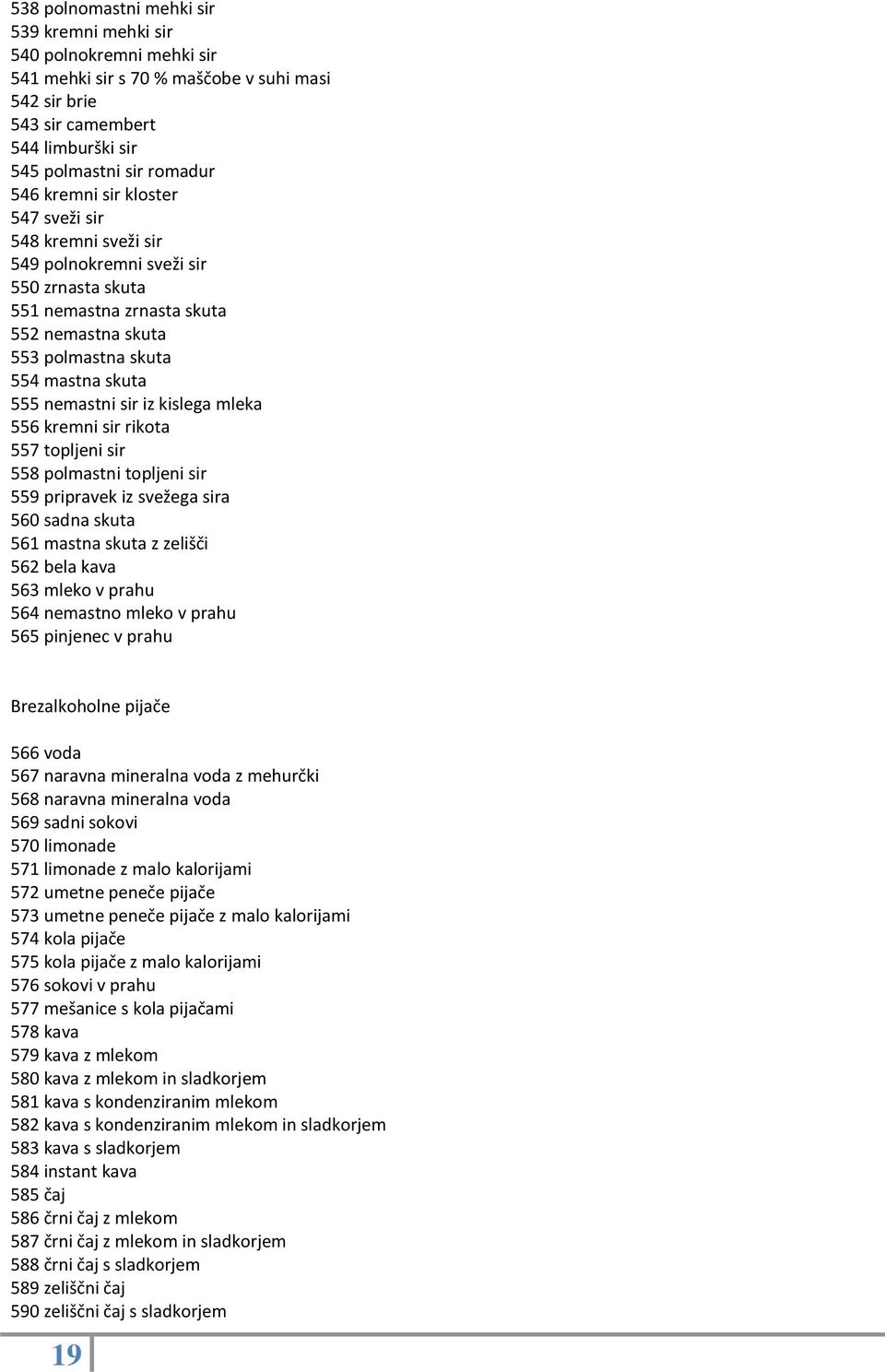 kislega mleka 556 kremni sir rikota 557 topljeni sir 558 polmastni topljeni sir 559 pripravek iz svežega sira 560 sadna skuta 561 mastna skuta z zelišči 562 bela kava 563 mleko v prahu 564 nemastno