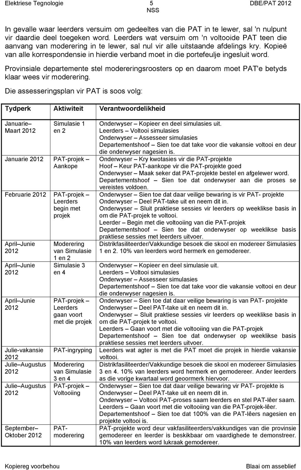 Kopieë van alle korrespondensie in hierdie verband moet in die portefeulje ingesluit word. Provinsiale departemente stel modereringsroosters op en daarom moet PAT'e betyds klaar wees vir moderering.