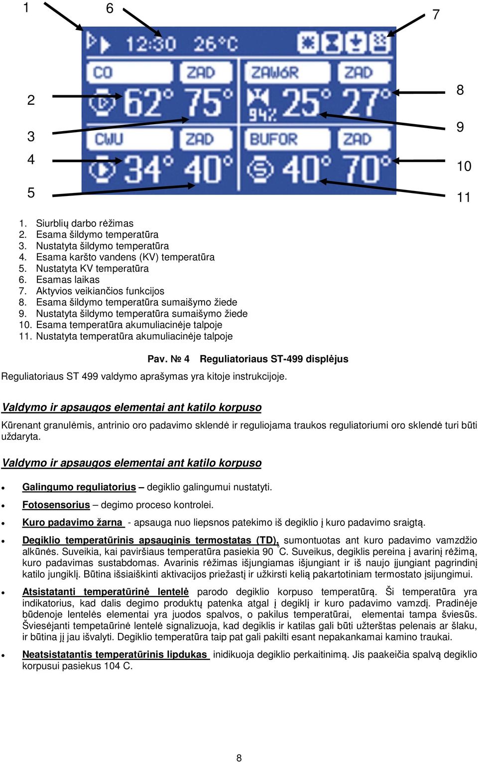 Nustatyta temperatūra akumuliacinėje talpoje Рav. 4 Reguliatoriaus ST-499 displėjus Reguliatoriaus ST 499 valdymo aprašymas yra kitoje instrukcijoje.