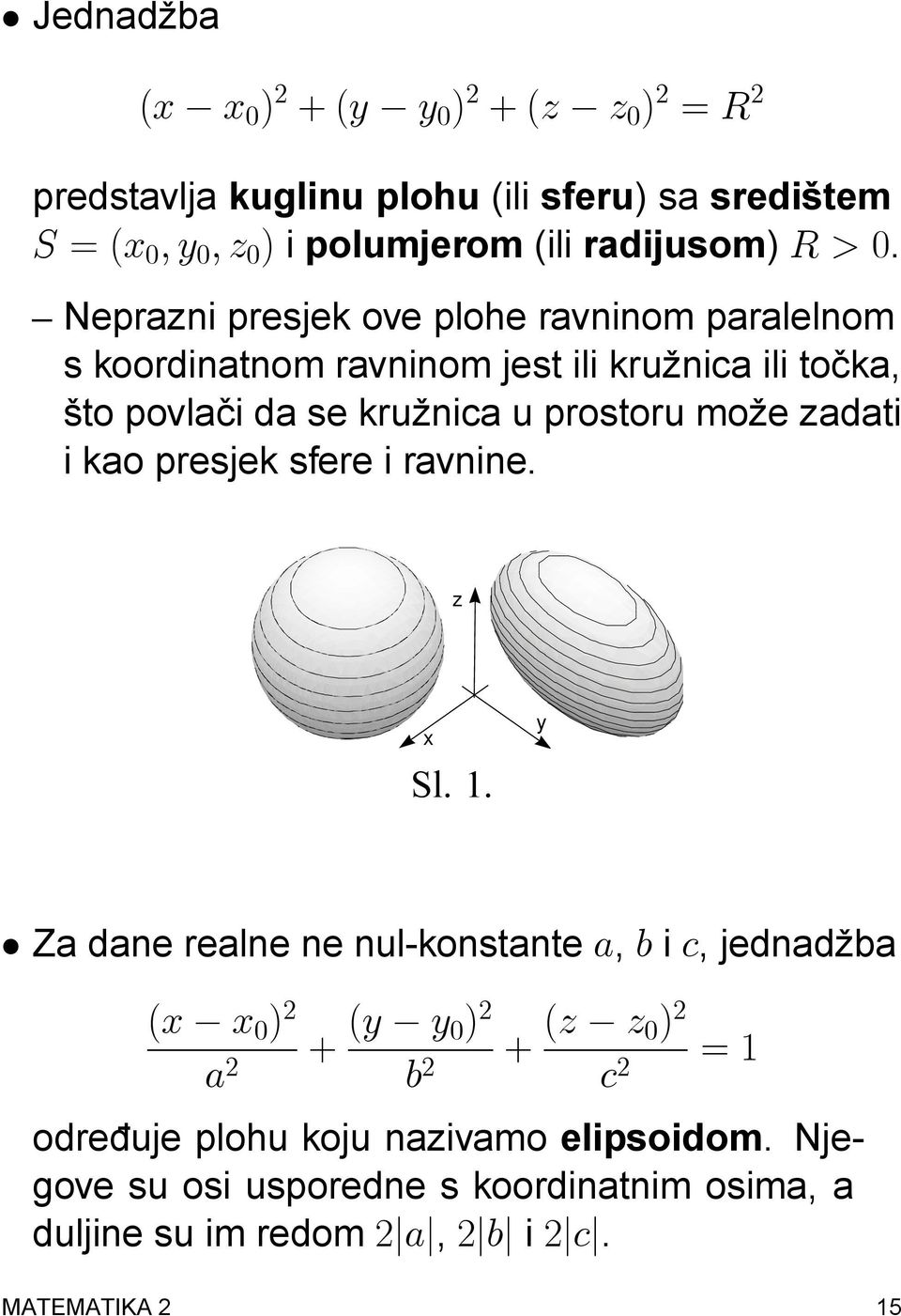 Neprazni presjek ove plohe ravninom paralelnom s koordinatnom ravninom jest ili krunica ili tocka, što povlaci da se krunica u prostoru moe zadati i