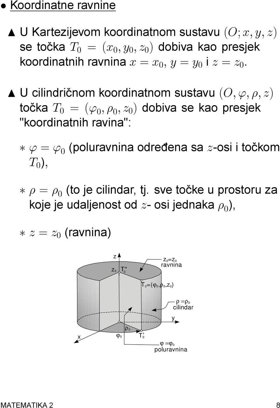 ravina": ' = ' 0 (poluravnina odre dena sa z-osi i tockom T 0 ); = 0 (to je cilindar, tj.