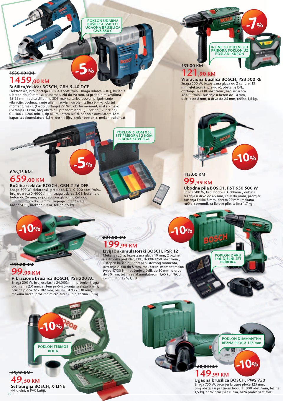, snaga udarca 2-10 J, bušenje u beton do 40 mm, sa krunama u zid do 90 mm, sa probojnim svrdlima 45-55 mm, rad sa dlijetima SDS-max sa turbo-power, prigušivanje vibracije, podmazivanje uljem,