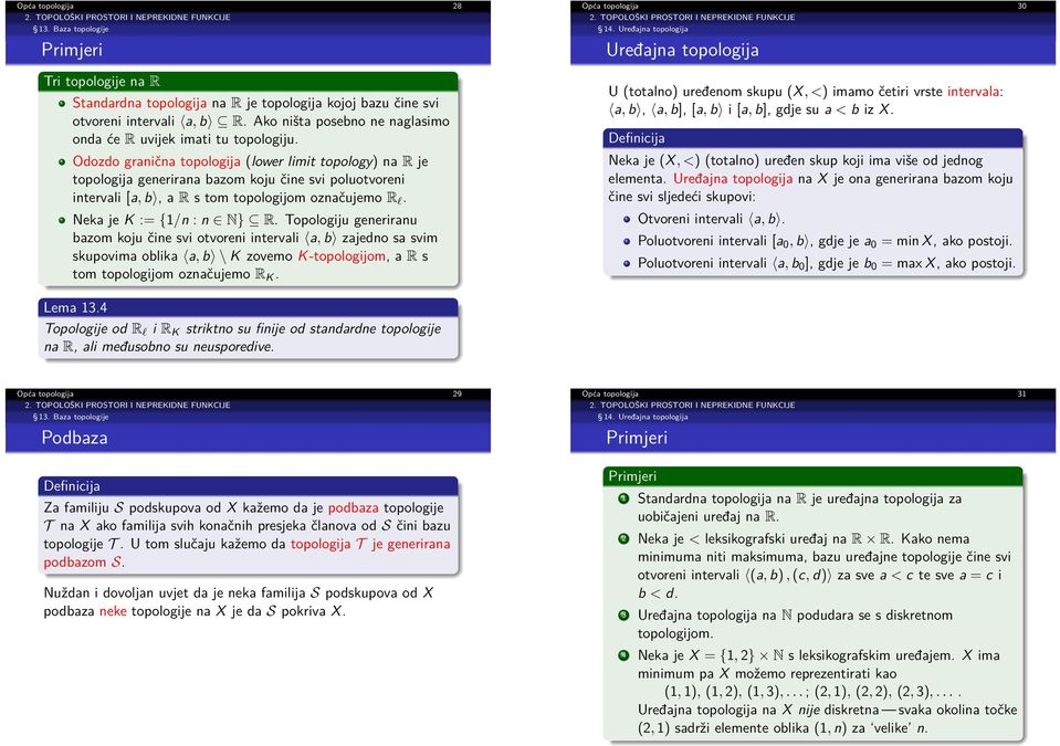 Odozdo granična topologija (lower limit topology) na R je topologija generirana bazom koju čine svi poluotvoreni intervali [a, b, a R s tom topologijom označujemo R l. Neka je K := {1/n : n N} R.