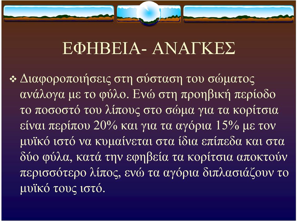 και για τα αγόρια 15% με τον μυϊκό ιστό να κυμαίνεται στα ίδια επίπεδα και στα δύο φύλα,