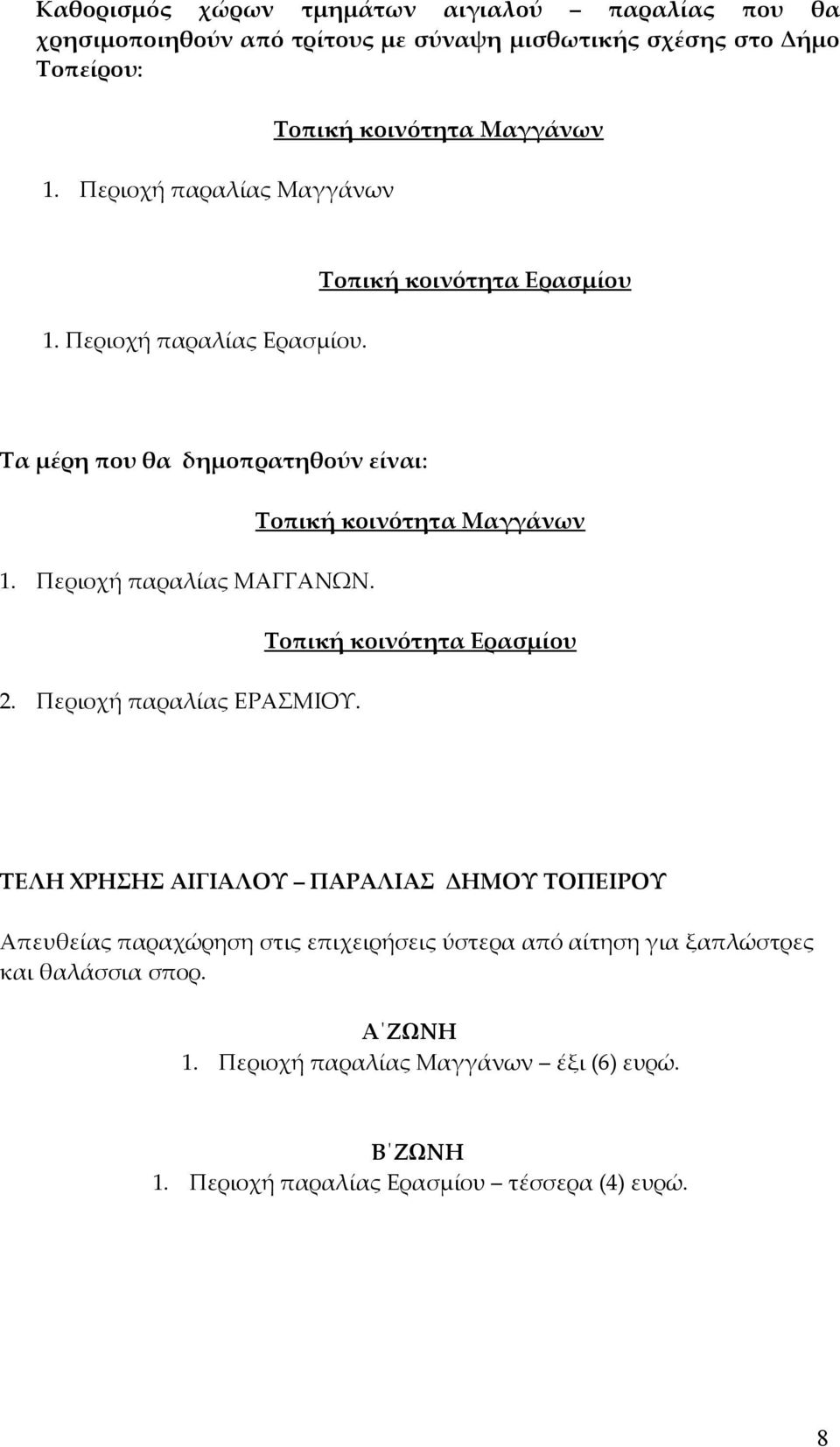 Τοπική κοινότητα Ερασμίου Τα μέρη που θα δημοπρατηθούν είναι: Τοπική κοινότητα Μαγγάνων 1. Περιοχή παραλίας ΜΑΓΓΑΝΩΝ. Τοπική κοινότητα Ερασμίου 2.