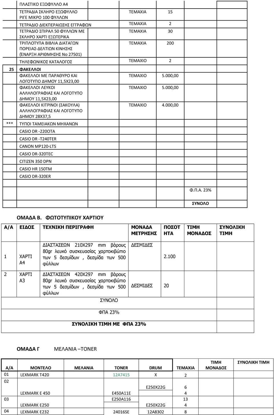 ΚΑΙ ΛΟΓΟΤΥΠΟ ΔΗΜΟΥ 11,5Χ23,00 ΦΑΚΕΛΛΟΙ ΚΙΤΡΙΝΟΙ (ΣΑΚΟΥΛΑ) ΑΛΛΗΛΟΓΡΑΦΙΑΣ ΚΑΙ ΛΟΓΟΤΥΠΟ ΔΗΜΟΥ 28Χ37,5 *** ΤΥΠΟΙ ΤΑΜΕΙΑΚΩΝ ΜΗΧΑΝΩΝ CASIO DR -220OTA CASIO DR -T240TER CANON MP120-LTS CASIO DR-320TEC