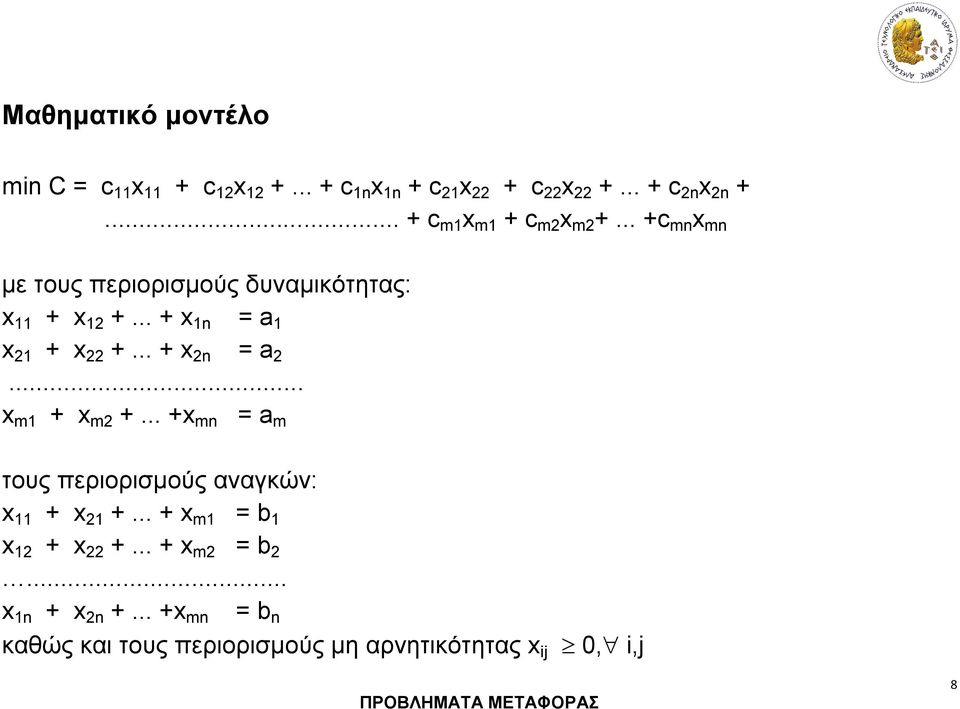 .. +x mn = a m τους περιορισμούς αναγκών: x + x +... + x m = b x + x +... + x m = b... x n + x n +.