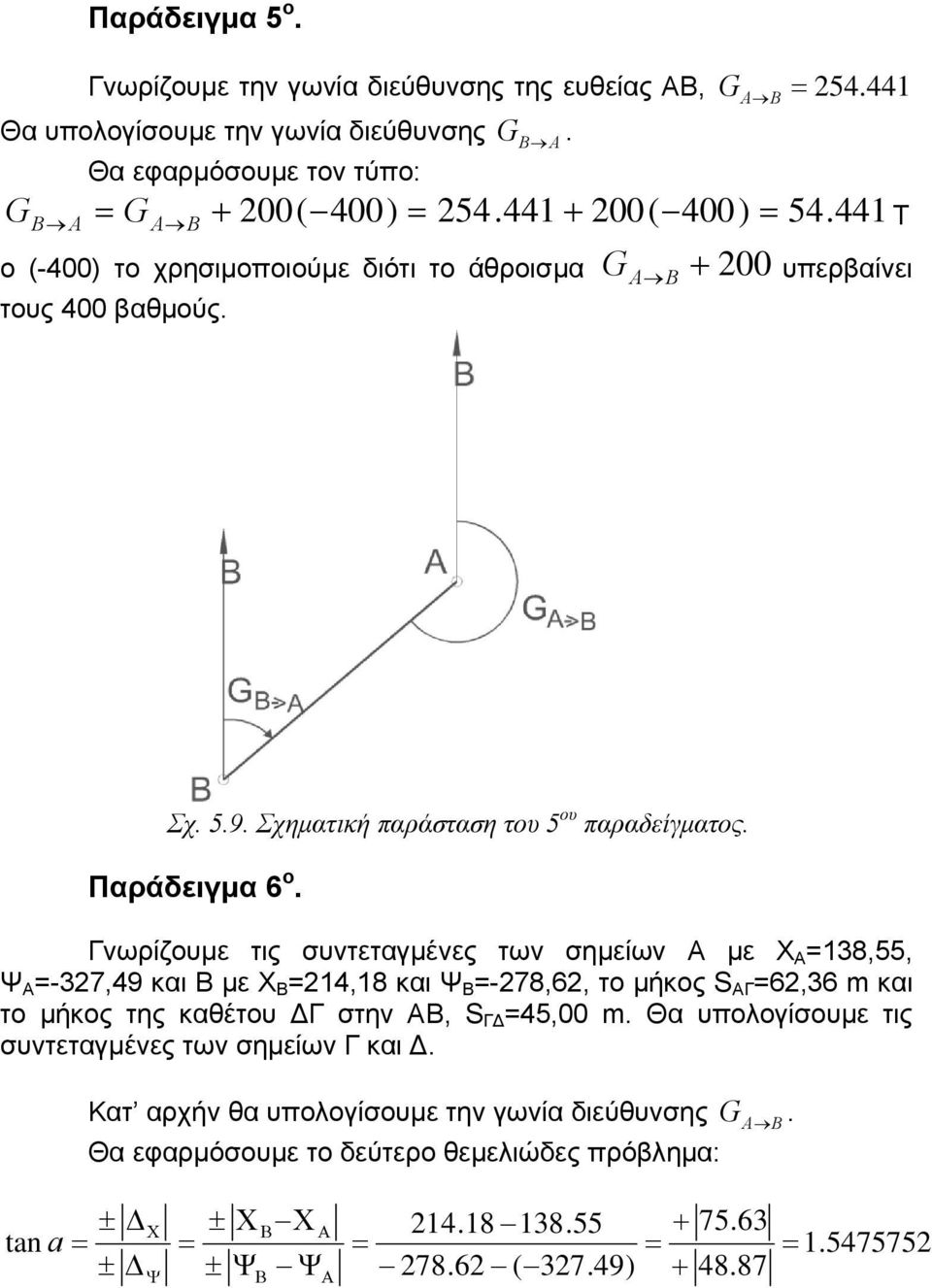 Γνωρίζουμε τις συντεταγμένες των σημείων Α με Χ Α =138,55, Ψ Α =-37,49 και Β με Χ Β =14,18 και Ψ Β =-78,6, το μήκος S ΑΓ =6,36 m και το μήκος της καθέτου Γ στην ΑΒ, S Γ =45,00