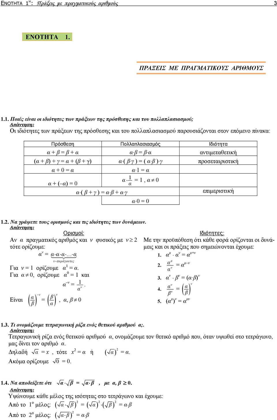 Πολλαπλασιασμός Ιδιότητα α + β = β + α α. β = β. α αντιμεταθετική (α + β) + γ = α + (β + γ) α. ( β. γ ) = ( α. β ). γ προσεταιριστική α + 0 = α α + ( α) = 0 α. ( β + γ ) = α. β + α. γ α.