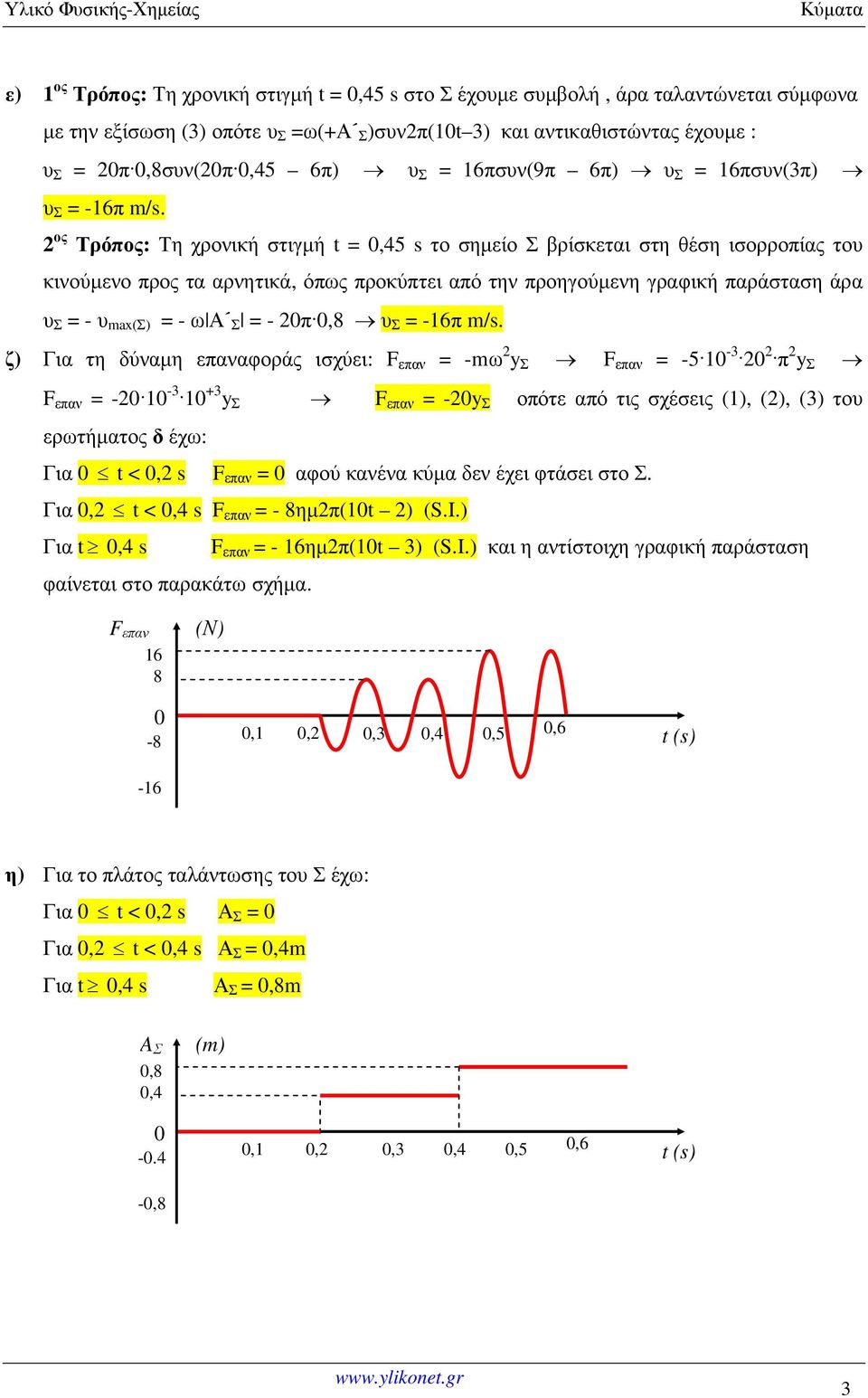 2 ος Τρόπος: Τη χρονική στιγµή t =,45 s το σηµείο Σ βρίσκεται στη θέση ισορροπίας του κινούµενο προς τα αρνητικά, όπως προκύπτει από την προηγούµενη γραφική παράσταση άρα υ Σ = - υ max(σ) = - ω Α Σ =