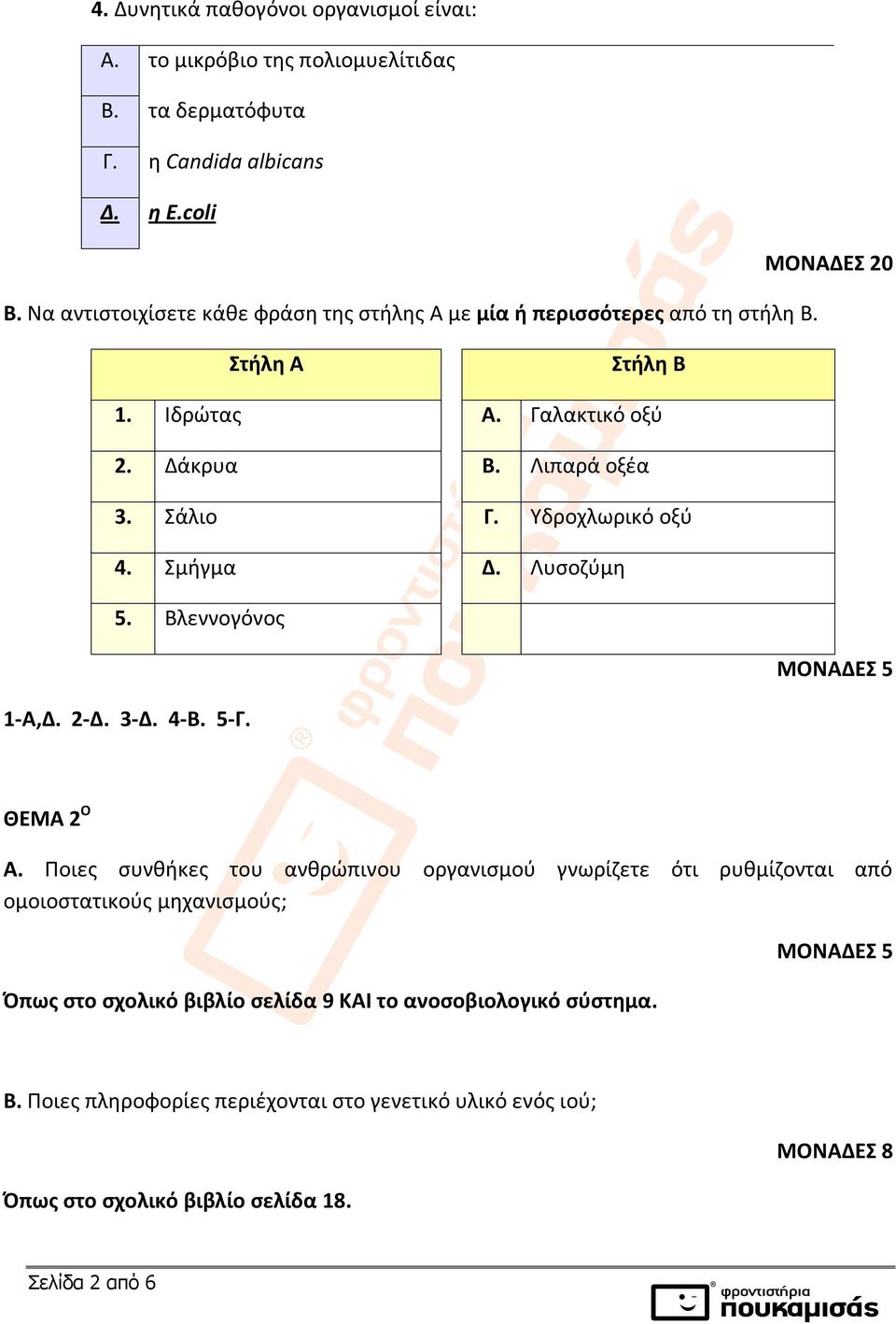 Υδροχλωρικό οξύ 4. Σμήγμα Δ. Λυσοζύμη 5. Βλεννογόνος ΜΟΝΑΔΕΣ 5 1-Α,Δ. 2-Δ. 3-Δ. 4-Β. 5-Γ. ΘΕΜΑ 2 Ο Α.