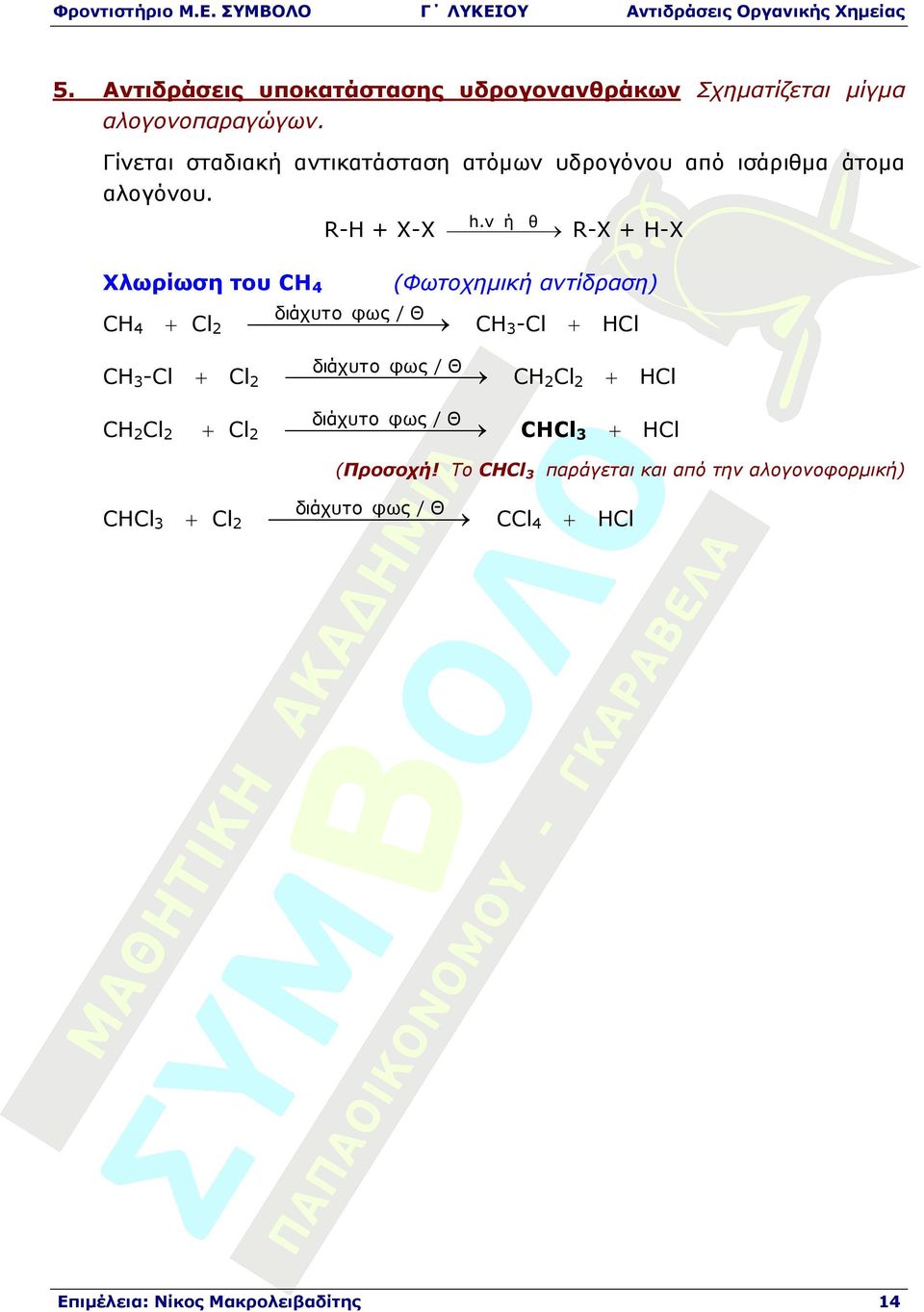 v ή θ RH XX RX HX Χλωρίωση του CH4 CH4 διάχυτο φως / Θ Cl2 CH3Cl CH2Cl2 (Φωτοχηµική αντίδραση) CH3Cl HCl