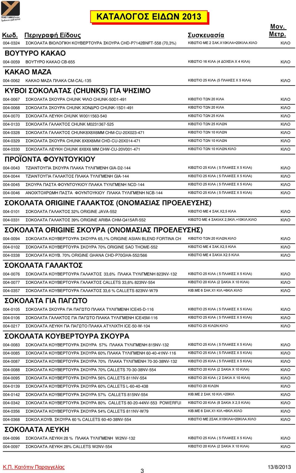 (CHUNKS) ΓΙΑ ΨΗΣΙΜΟ 004-0067 ΣΟΚΟΛΑΤΑ ΣΚΟΥΡΑ CHUNK ΨΙΛΟ CHUNK-50D1-491 ΚΙΒΩΤΙΟ ΤΩΝ 20 ΚΙΛΑ ΚΙΛΟ 004-0068 ΣΟΚΟΛΑΤΑ ΣΚΟΥΡΑ CHUNK ΧΟΝ ΡΟ CHUNK-15D1-491 ΚΙΒΩΤΙΟ ΤΩΝ 20 ΚΙΛΑ ΚΙΛΟ 004-0070 ΣΟΚΟΛΑΤΑ ΛΕΥΚΗ