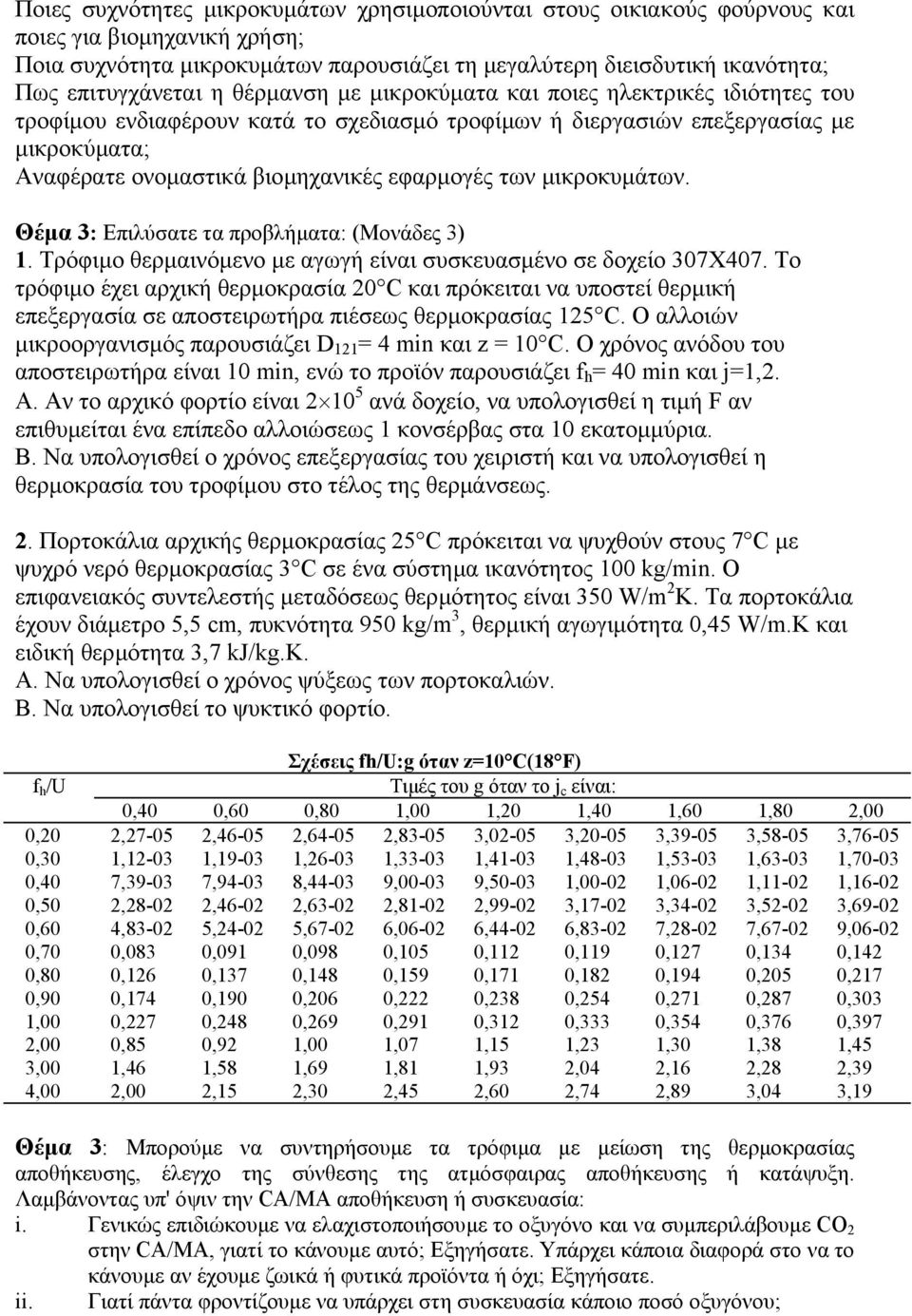 µικροκυµάτων. Θέµα 3: Επιλύσατε τα προβλήµατα: (Μονάδες 3) 1. Τρόφιµο θερµαινόµενο µε αγωγή είναι συσκευασµένο σε δοχείο 307Χ407.