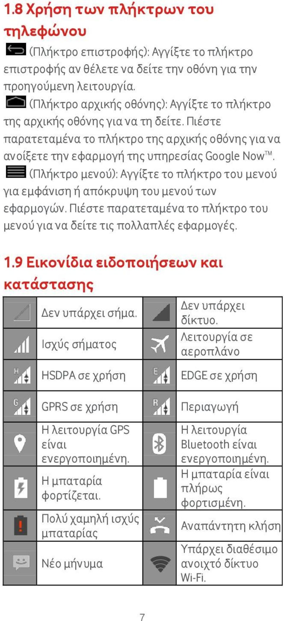 (Πλήκτρο μενού): Αγγίξτε το πλήκτρο του μενού για εμφάνιση ή απόκρυψη του μενού των εφαρμογών. Πιέστε παρατεταμένα το πλήκτρο του μενού για να δείτε τις πολλαπλές εφαρμογές. 1.