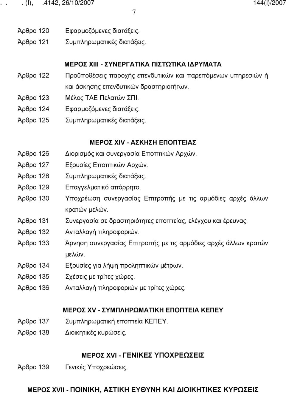 Μέλος ΤΑΕ Πελατών ΣΠΙ. Εφαρμοζόμενες διατάξεις. Συμπληρωματικές διατάξεις.