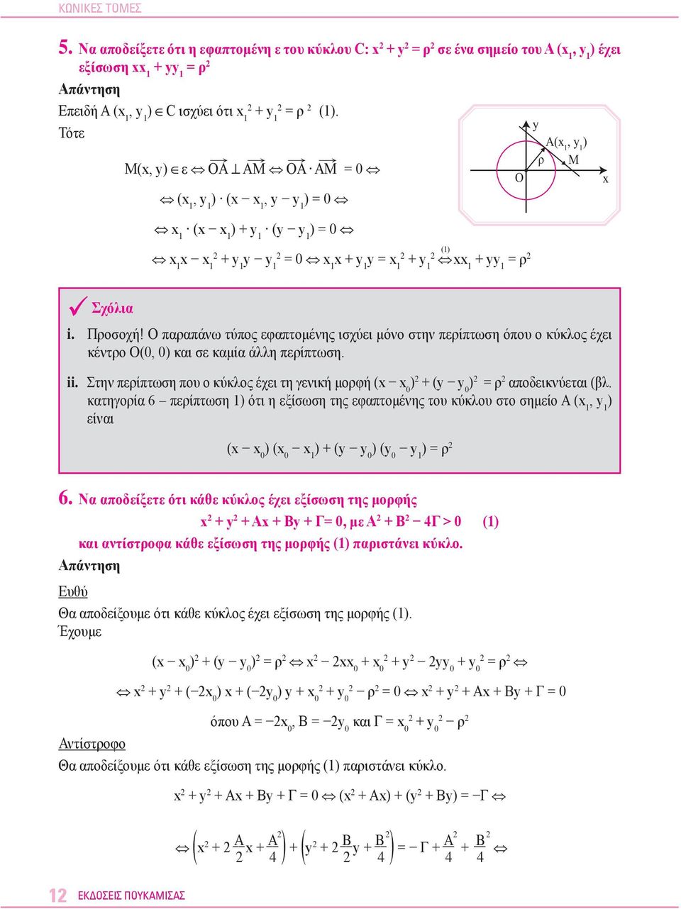 Προσοχή! Ο παραπάνω τύπος εφαπτομένης ισχύει μόνο στην περίπτωση όπου ο κύκλος έχει κέντρο Ο(0, 0) και σε καμία άλλη περίπτωση. ii.