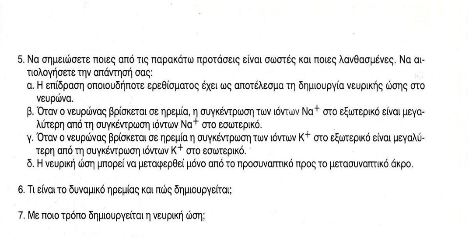 Όταν ο νευρώνας βρίσκεται σε ηρεμία, η συγκέντρωση των ιόντων Να + στο εξωτερικό είναι μεγαλύτερη από τη συγκέντρωση ιόντων Να + στο εσωτερικό, γ.